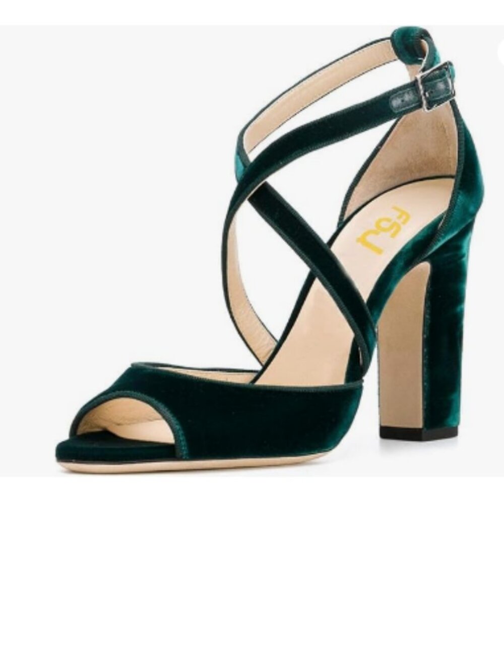 FSJ Emerald Peep Toe Sandals Chunky High Heel Pumps Cross Strap Velvet Pumps